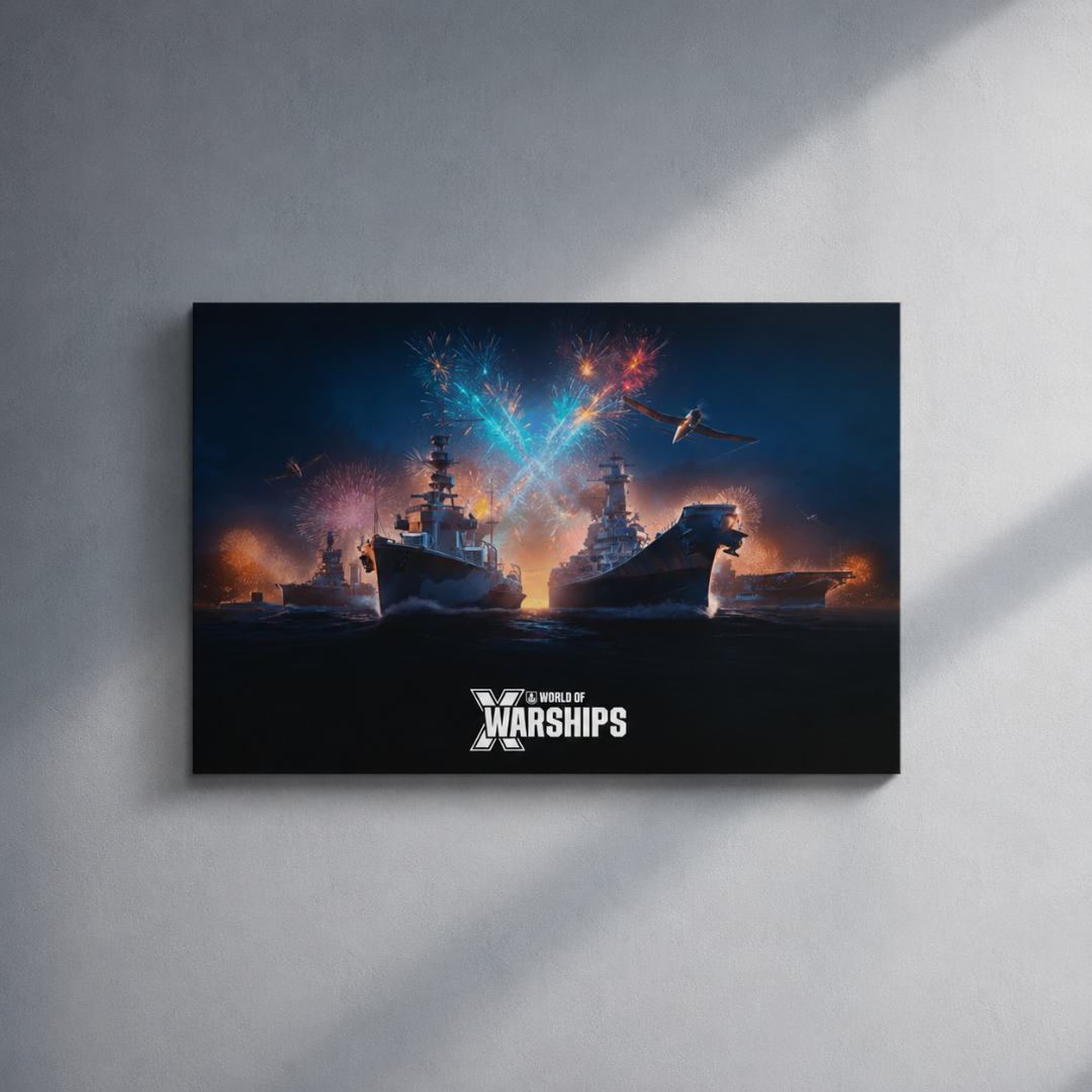 Poster print of a naval scene with warships and fireworks on a gray wall.