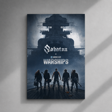 Poster featuring a ship and silhouettes with 'Sabaton' and 'World of Warships' text on a gray background