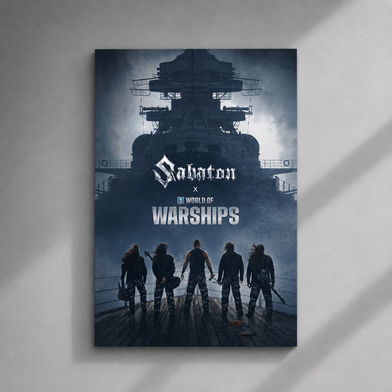 Poster featuring a ship and silhouettes with 'Sabaton' and 'World of Warships' text on a gray background