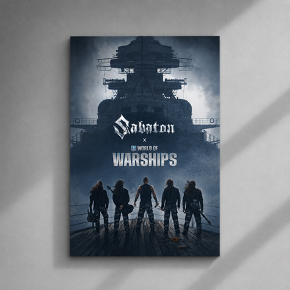 Poster featuring a ship and silhouettes with 'Sabaton' and 'World of Warships' text on a gray background