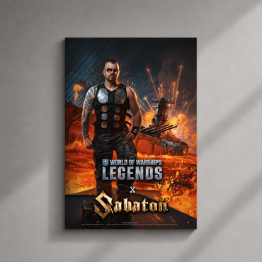 Poster for 'World of Warships Legends' featuring a character and tank with fiery background