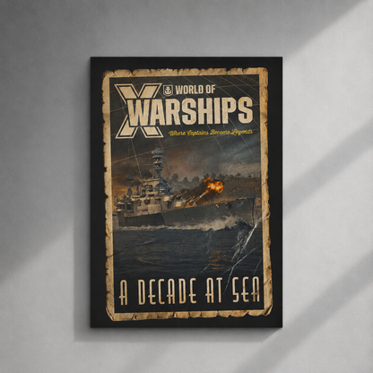 Poster of 'World of Warships' with a ship on fire against a gray background